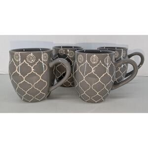 Baum Moroccan Mugs Set of 4 Gray & White Ceramic Coffee Tea Cups